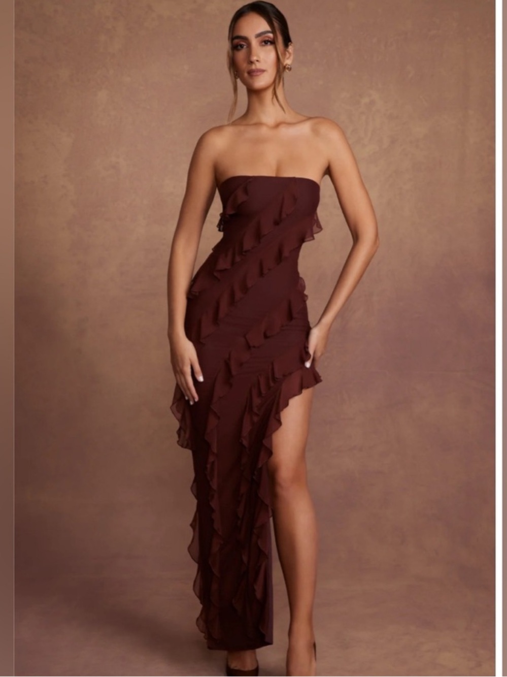 Oh Polly Nevali Bandeau Ruffle Detail Maxi Dress in Brown
